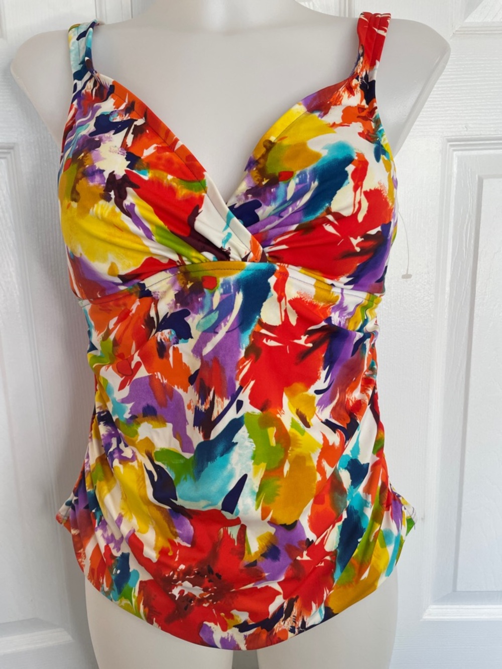 SLIMSHAPER VIBRANT TROPICAL MULTICOLOR FLORAL RETRO TANKINI SWIM SUIT TOP SZ 12